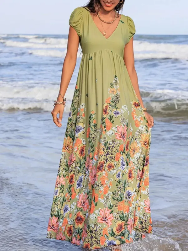 Backless Printed V-Neck Short Sleeve Maxi Dress sold by Charming Charlie