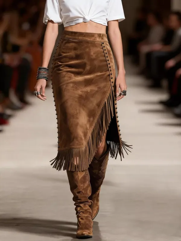 Studded Suede Fringe Midi Skirt sold by Charming Charlie