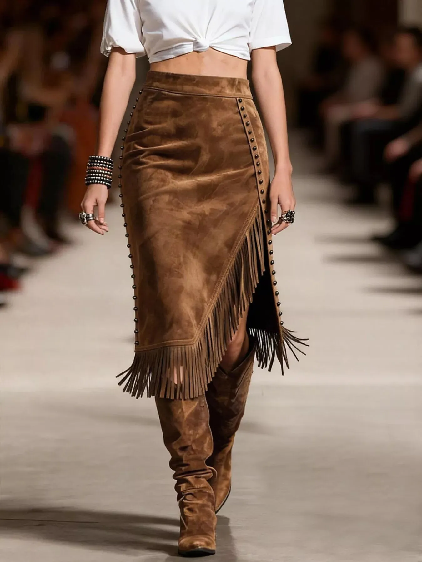 Studded Suede Fringe Midi Skirt sold by Charming Charlie