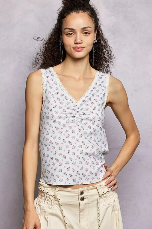 POL Ruched Floral V-Neck Tank with Lace Detail sold by Charming Charlie