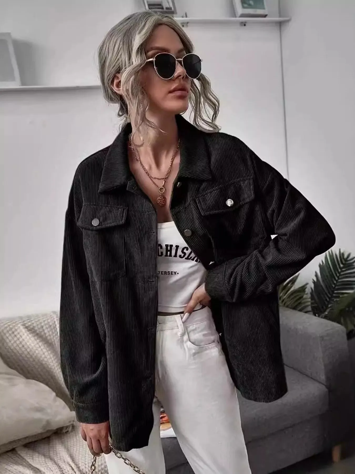 Casual Corduroy Button-Up Shacket sold by Charming Charlie product image thumbnail 4