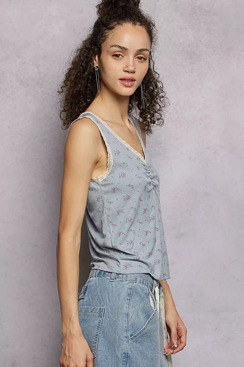 POL Ruched Floral V-Neck Tank with Lace Detail sold by Charming Charlie product image thumbnail 5