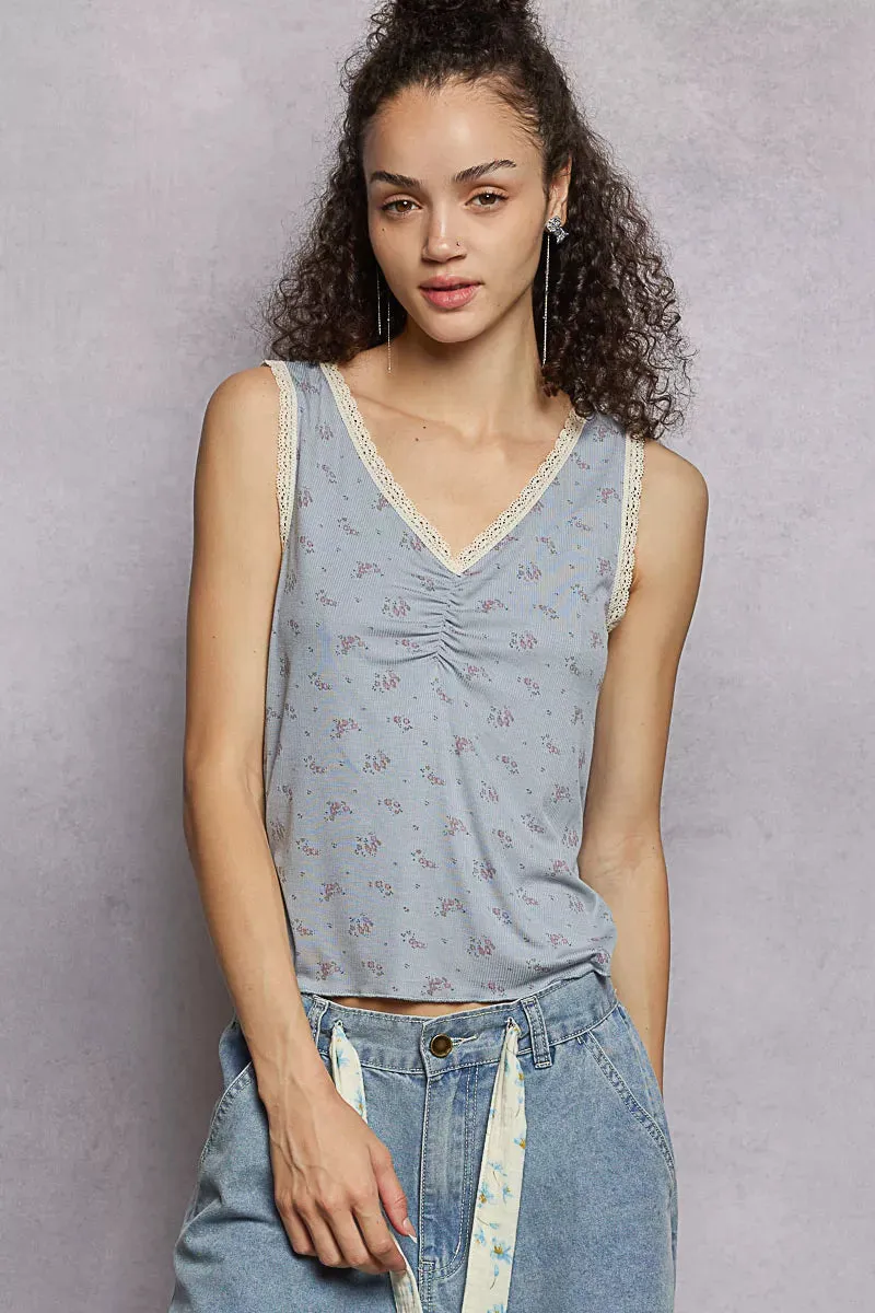 POL Ruched Floral V-Neck Tank with Lace Detail sold by Charming Charlie product image thumbnail 2