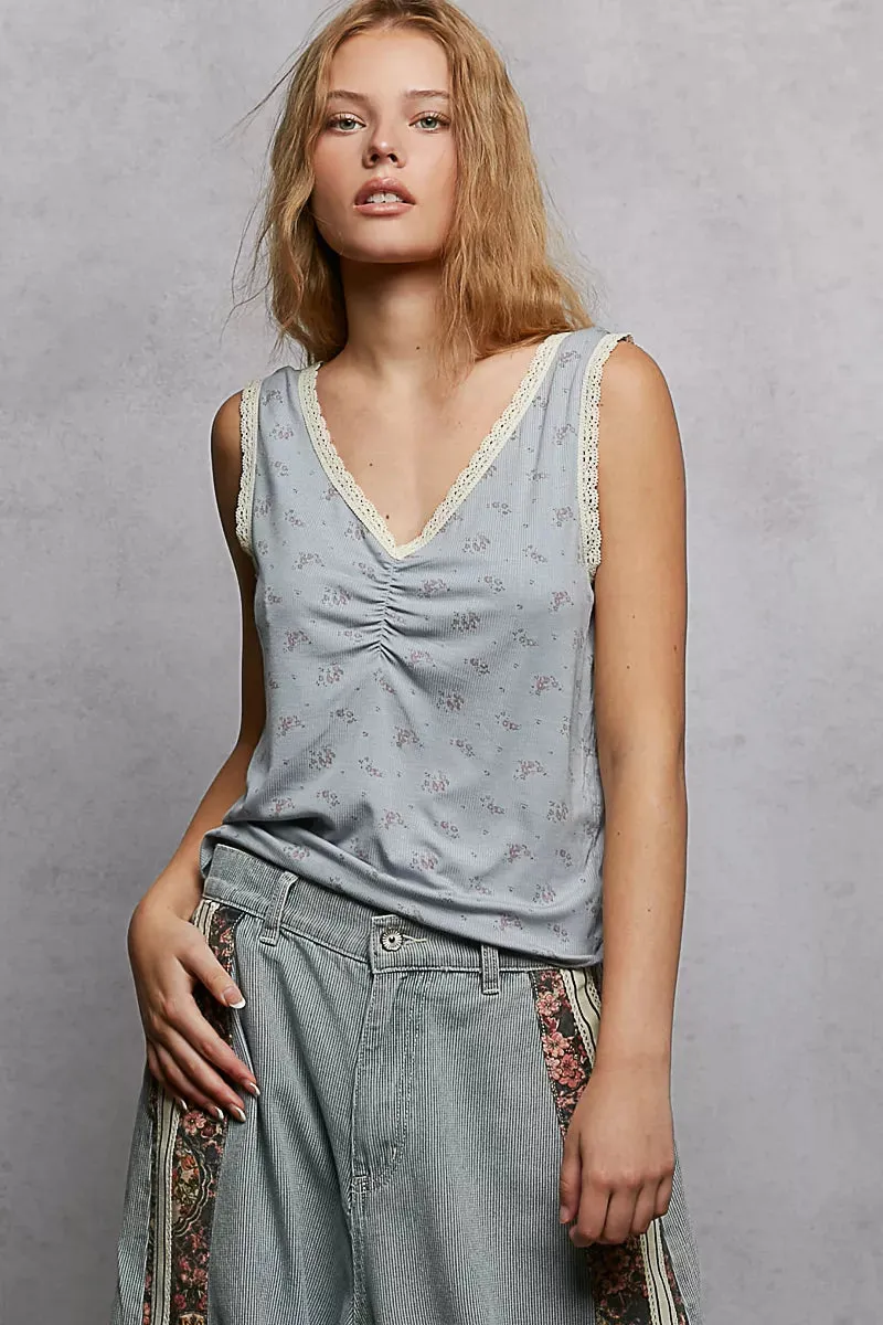 POL Ruched Floral V-Neck Tank with Lace Detail sold by Charming Charlie product image thumbnail 3