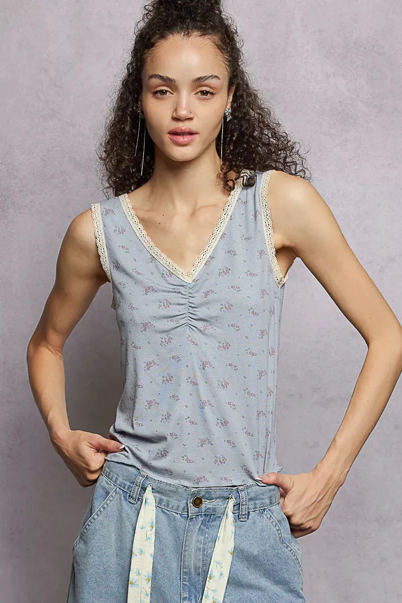 POL Ruched Floral V-Neck Tank with Lace Detail sold by Charming Charlie