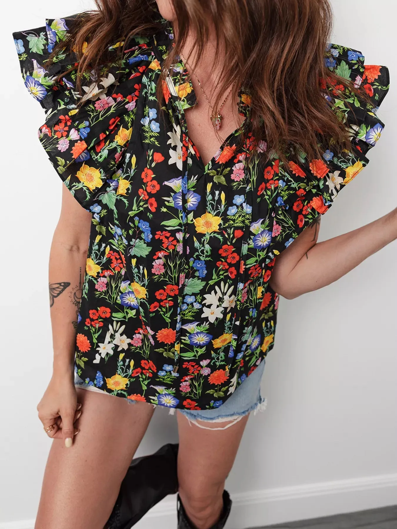 Tiered Flutter Sleeve V Neck Flower Blouse sold by Charming Charlie product image thumbnail 3