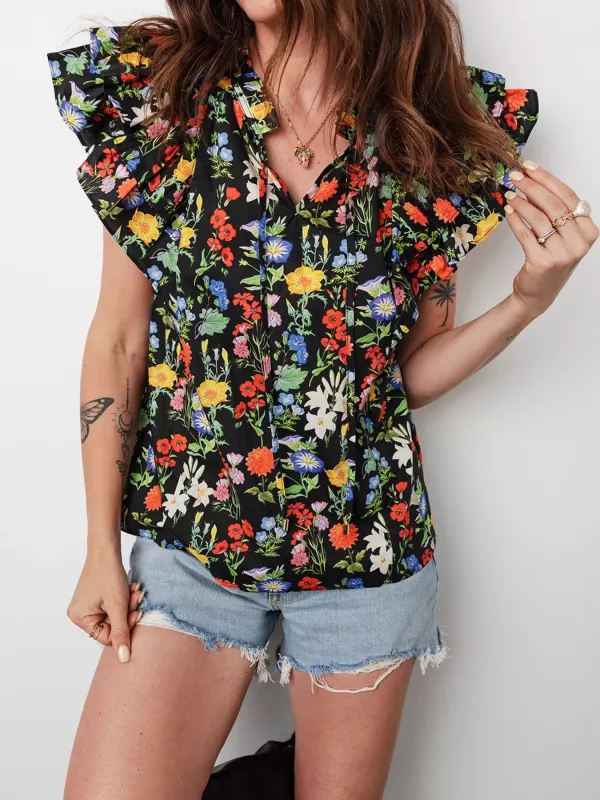 Tiered Flutter Sleeve V Neck Flower Blouse sold by Charming Charlie