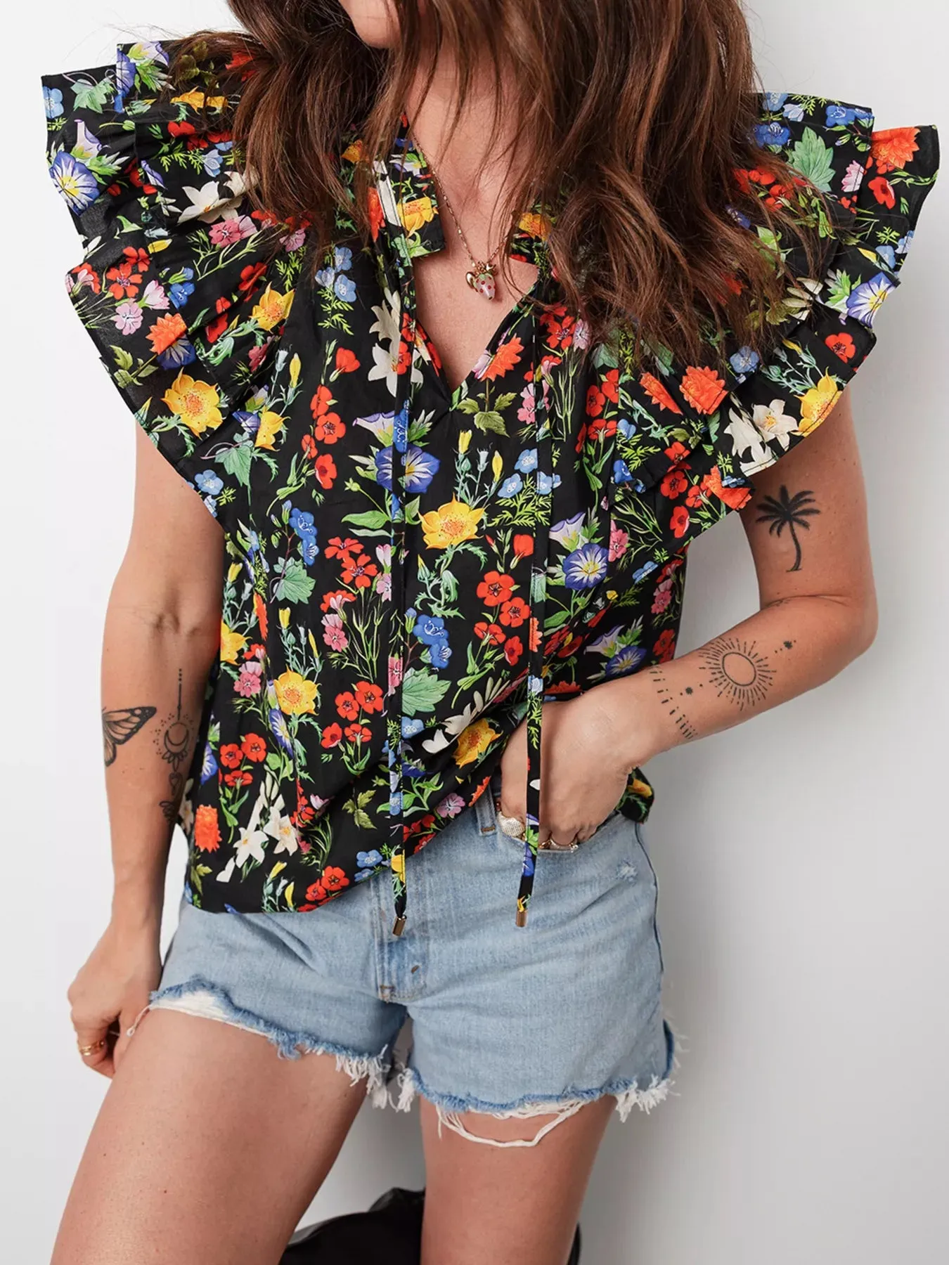 Tiered Flutter Sleeve V Neck Flower Blouse sold by Charming Charlie product image thumbnail 5