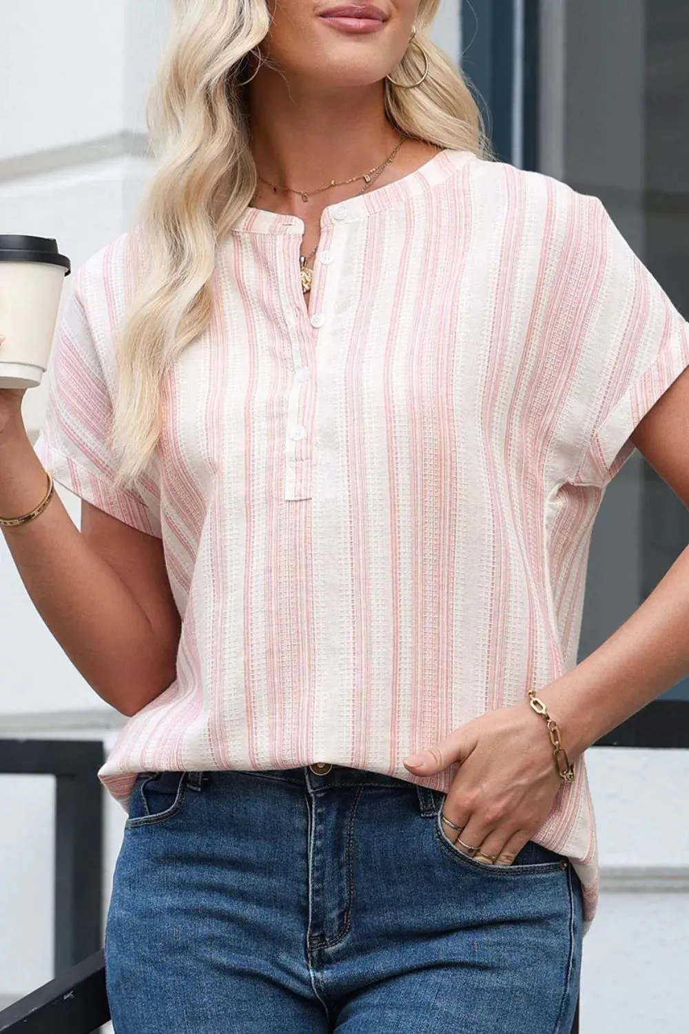 Striped Button Detail Short Sleeve Blouse sold by Charming Charlie product image thumbnail 3