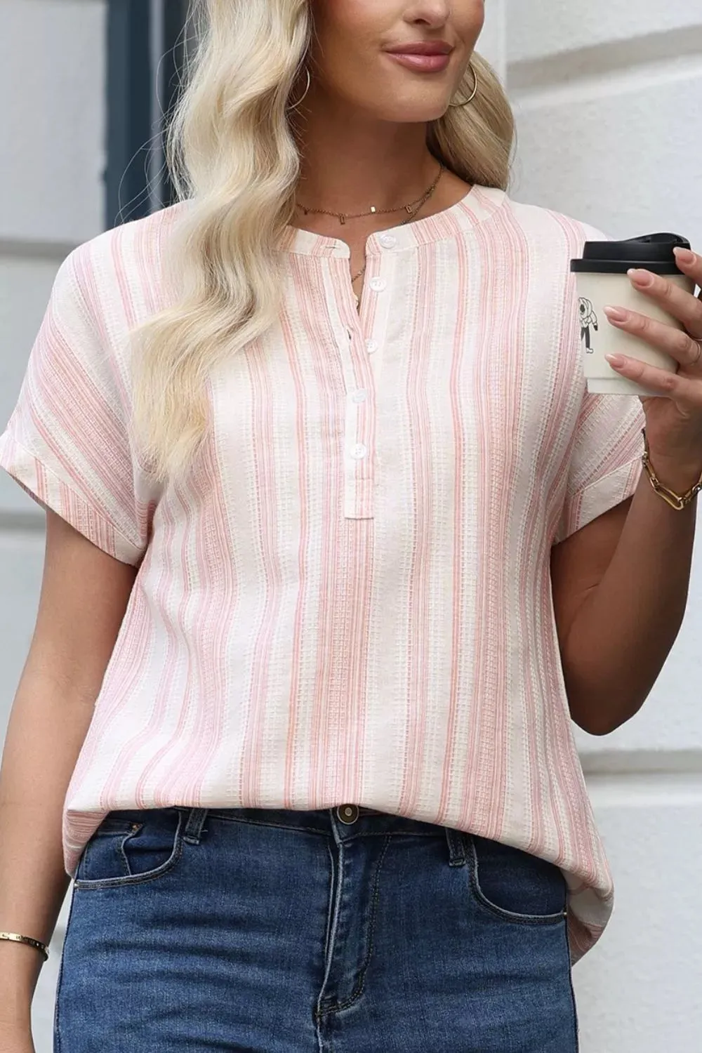 Striped Button Detail Short Sleeve Blouse sold by Charming Charlie product image thumbnail 4