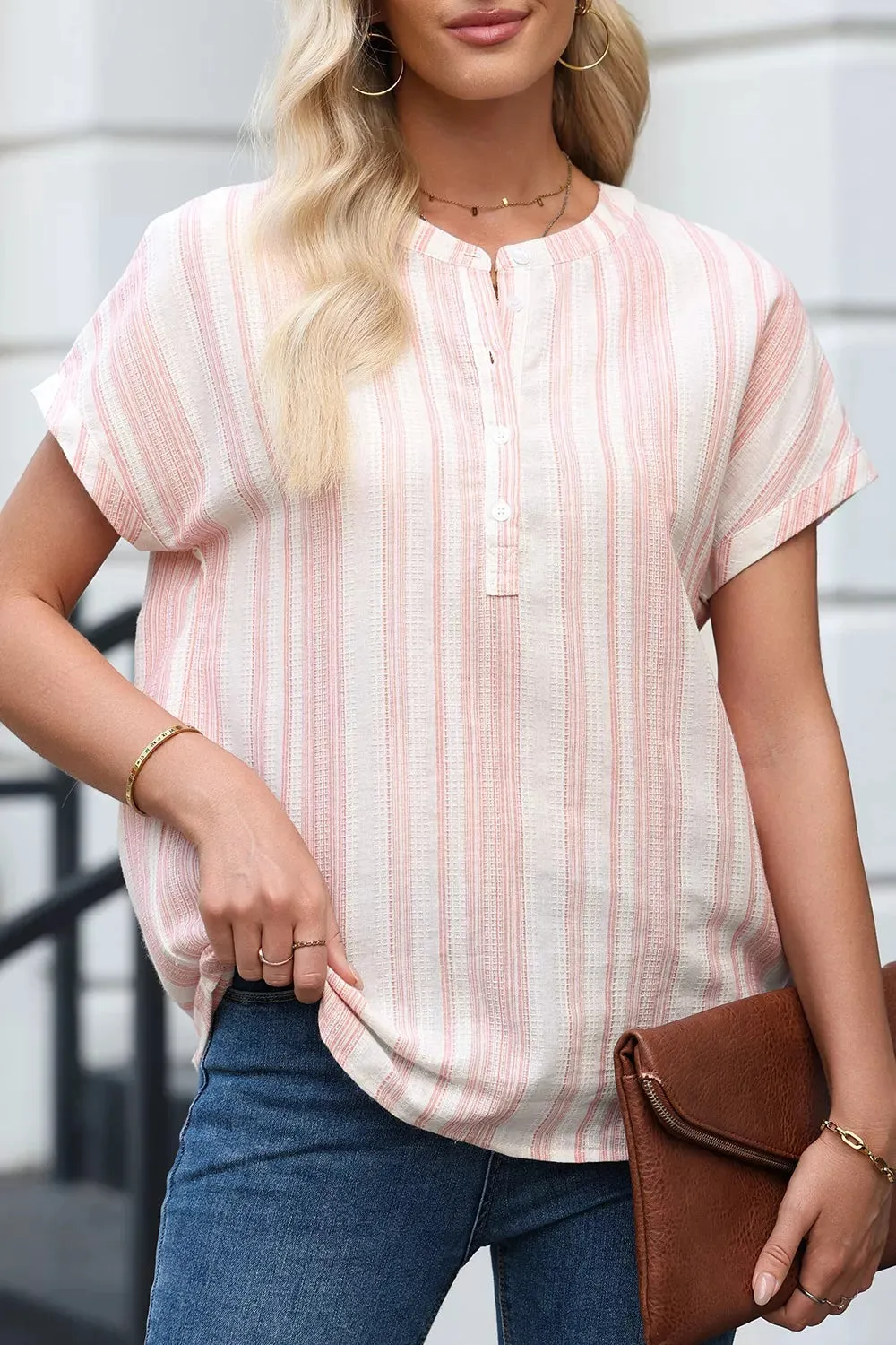Striped Button Detail Short Sleeve Blouse sold by Charming Charlie