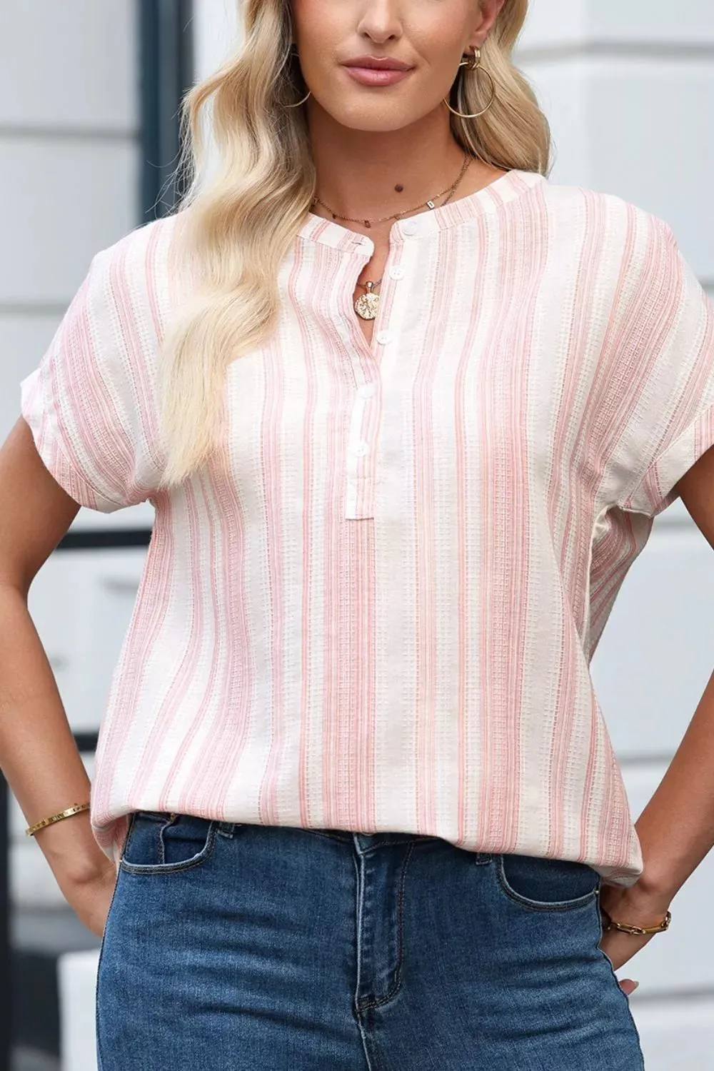 Striped Button Detail Short Sleeve Blouse sold by Charming Charlie product image thumbnail 5