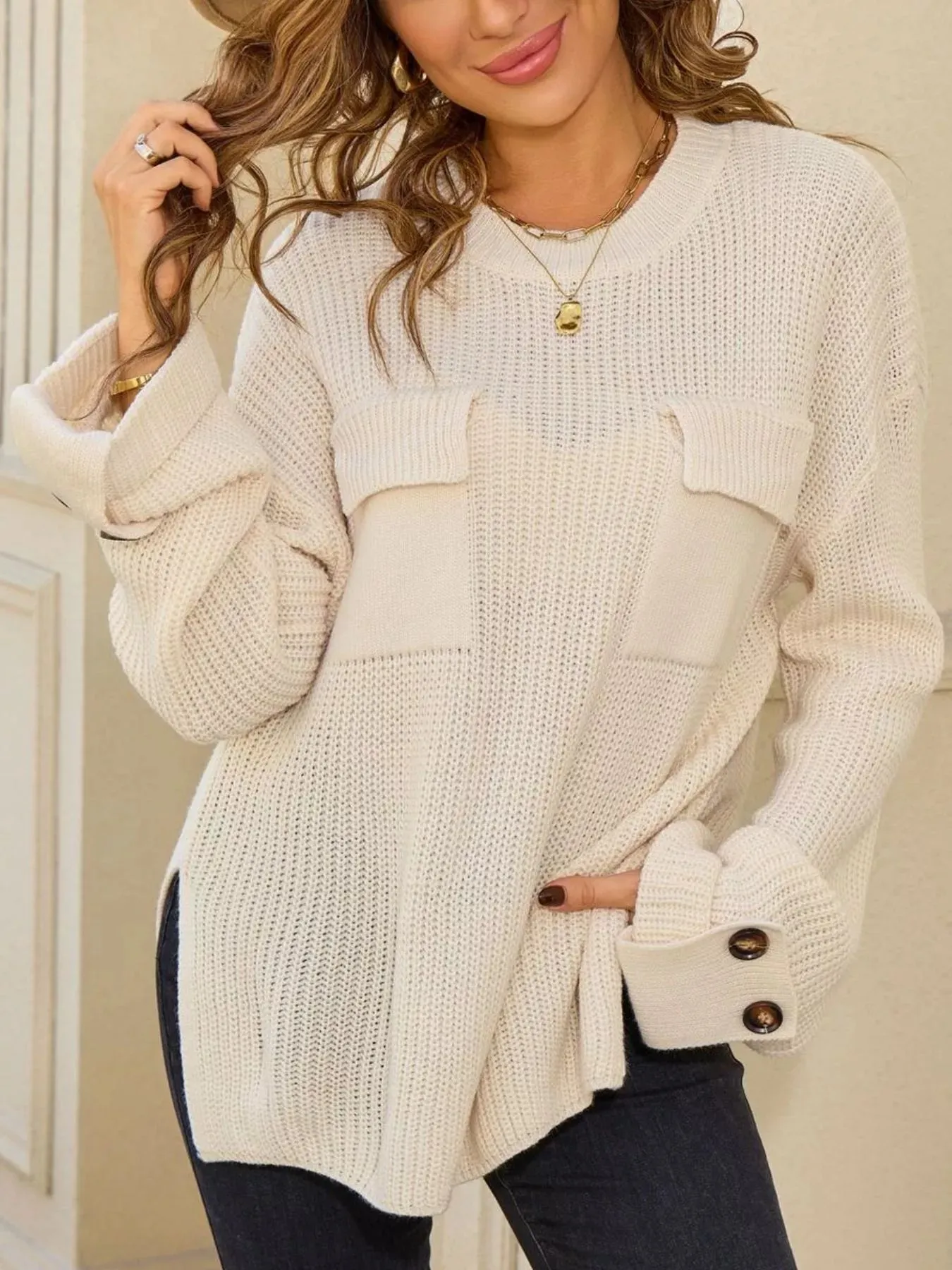 Pocket Detail Round Neck Sweater sold by Charming Charlie