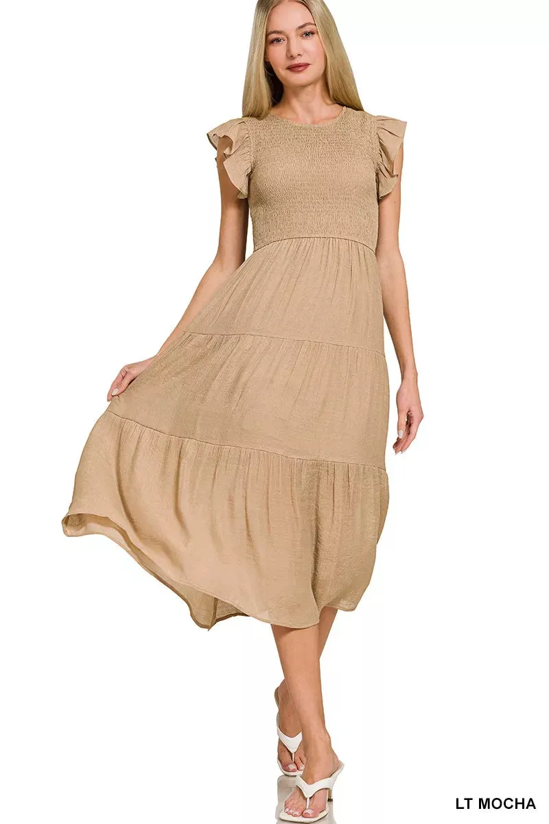 Zenana Woven Smocked Ruffle Sleeve Midi Dress sold by Charming Charlie