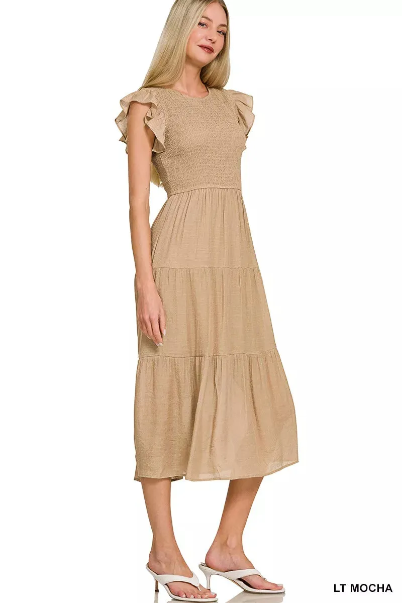 Zenana Woven Smocked Ruffle Sleeve Midi Dress sold by Charming Charlie product image thumbnail 3