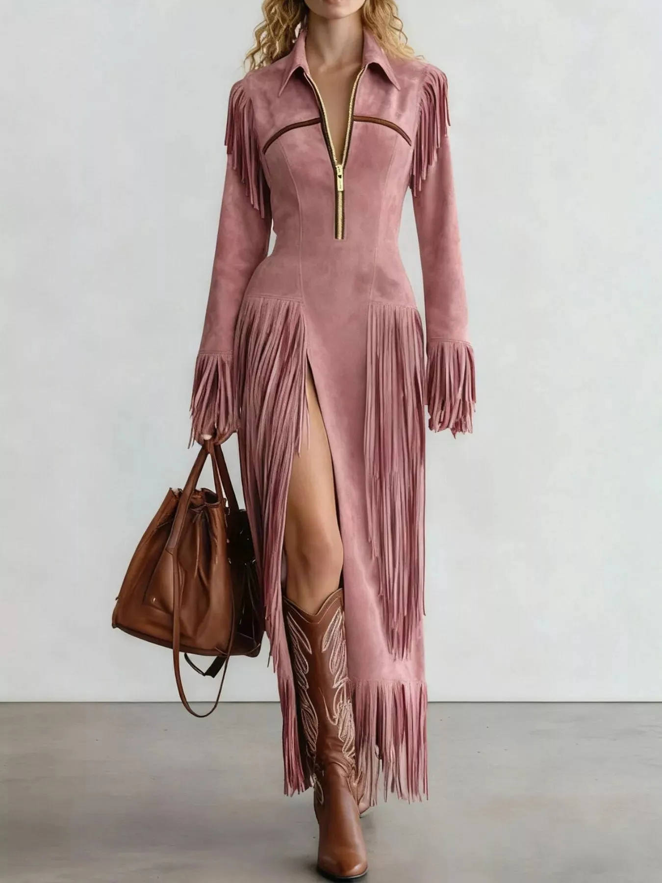 Fringed Suede Slit Dress sold by Charming Charlie