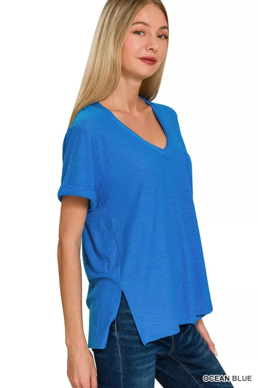 Zenana Slub Rolled Short Sleeve V-Neck Tee sold by Charming Charlie