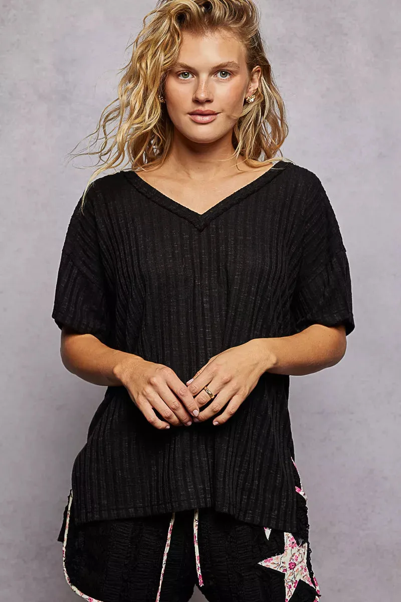 POL Ribbed Knit V-Neck Short Sleeve T-Shirt sold by Charming Charlie product image thumbnail 2