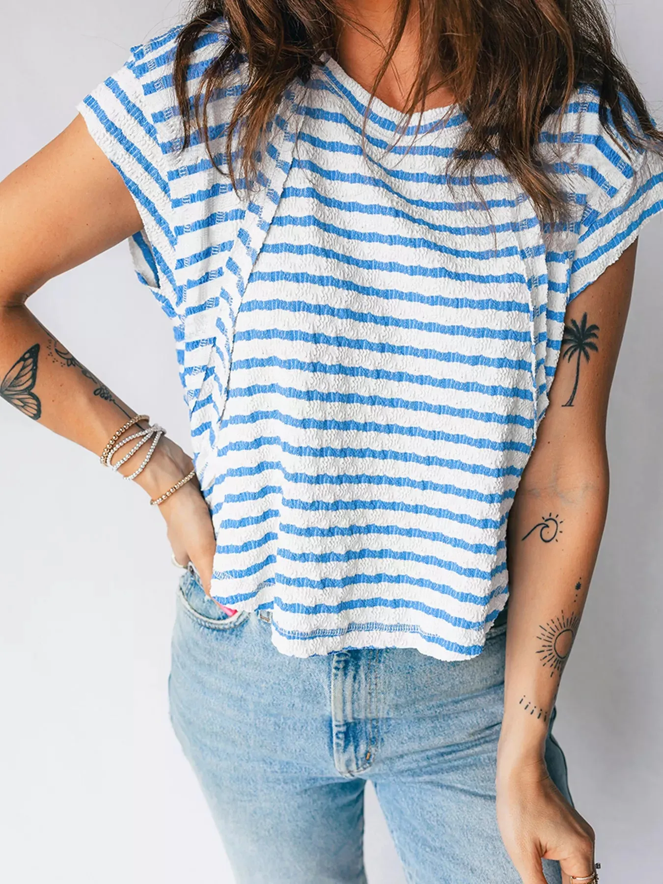 Stripe Textured Short Sleeve Patchwork T Shirt sold by Charming Charlie product image thumbnail 4