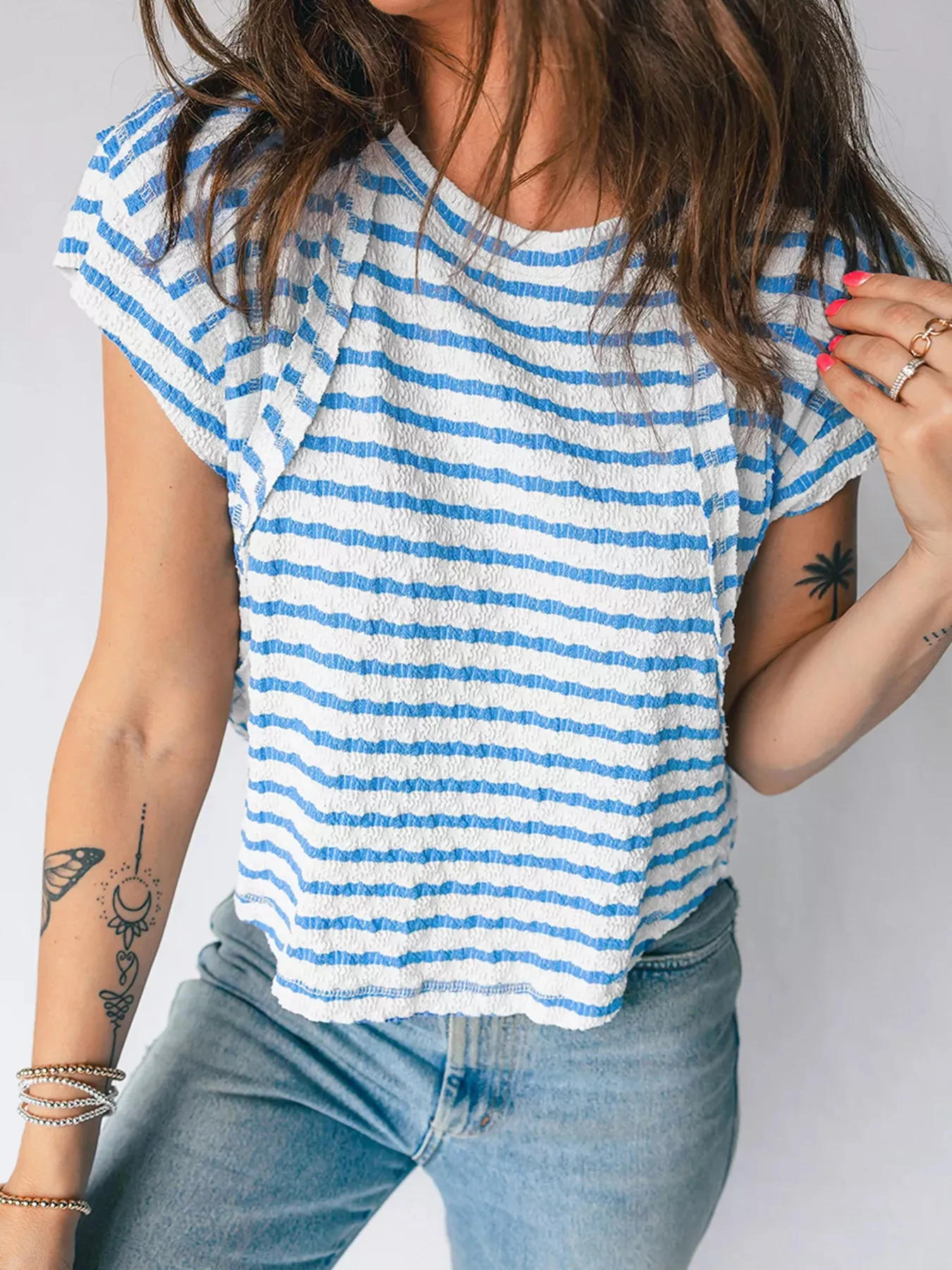 Stripe Textured Short Sleeve Patchwork T Shirt sold by Charming Charlie