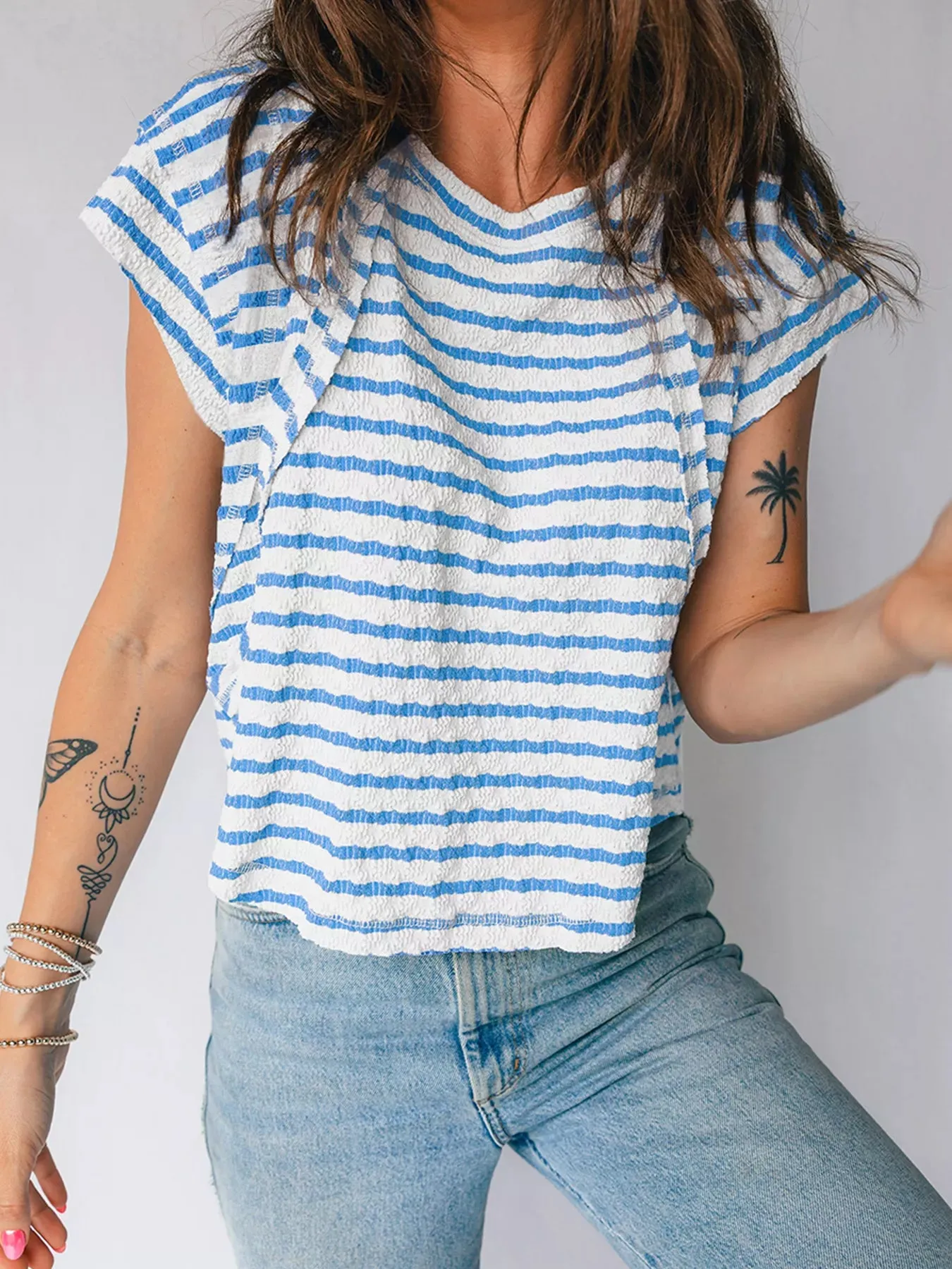 Stripe Textured Short Sleeve Patchwork T Shirt sold by Charming Charlie product image thumbnail 5