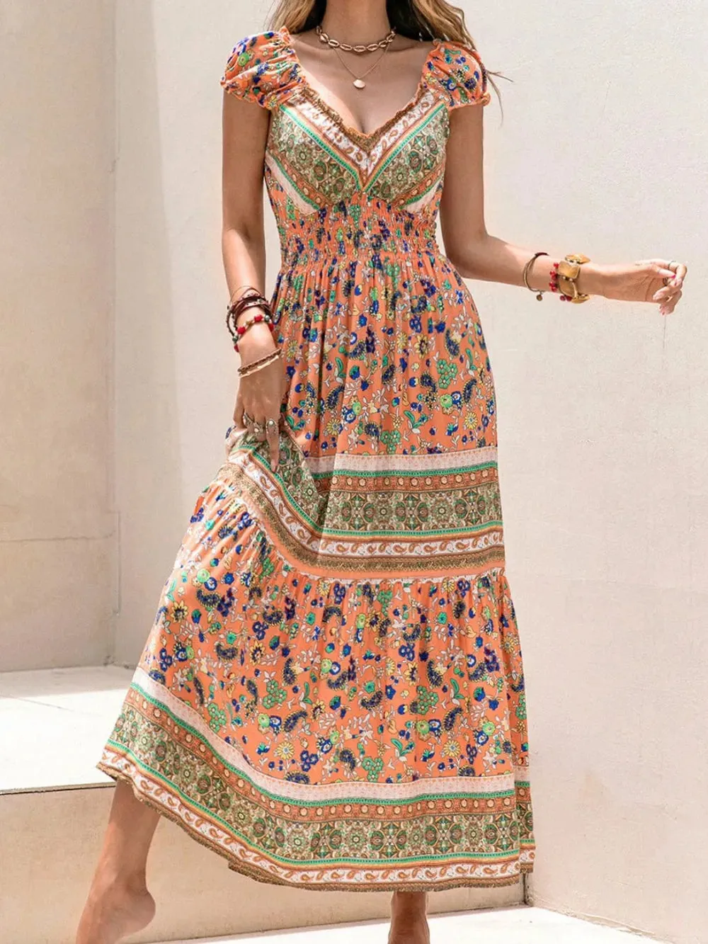 Smocked Printed V-Neck Cap Sleeve Dress sold by Charming Charlie product image thumbnail 3