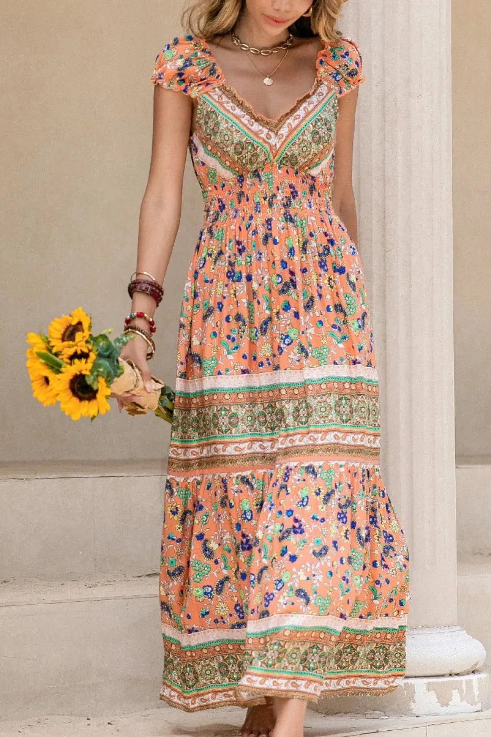 Smocked Printed V-Neck Cap Sleeve Dress sold by Charming Charlie product image thumbnail 4