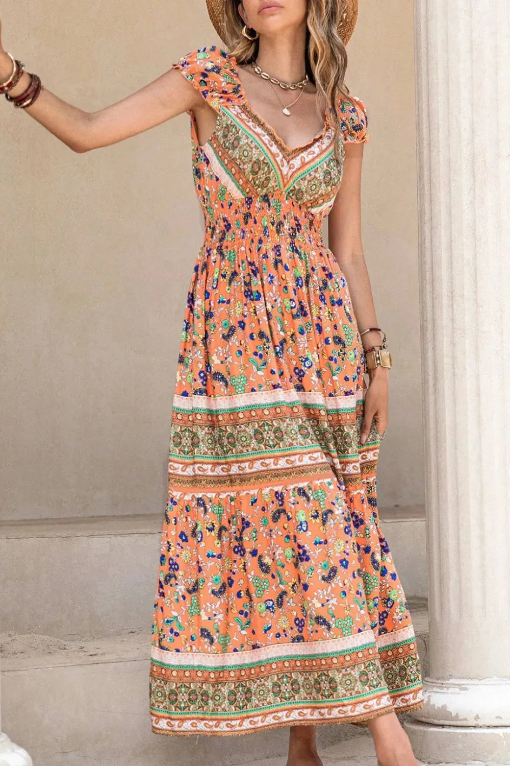 Smocked Printed V-Neck Cap Sleeve Dress sold by Charming Charlie