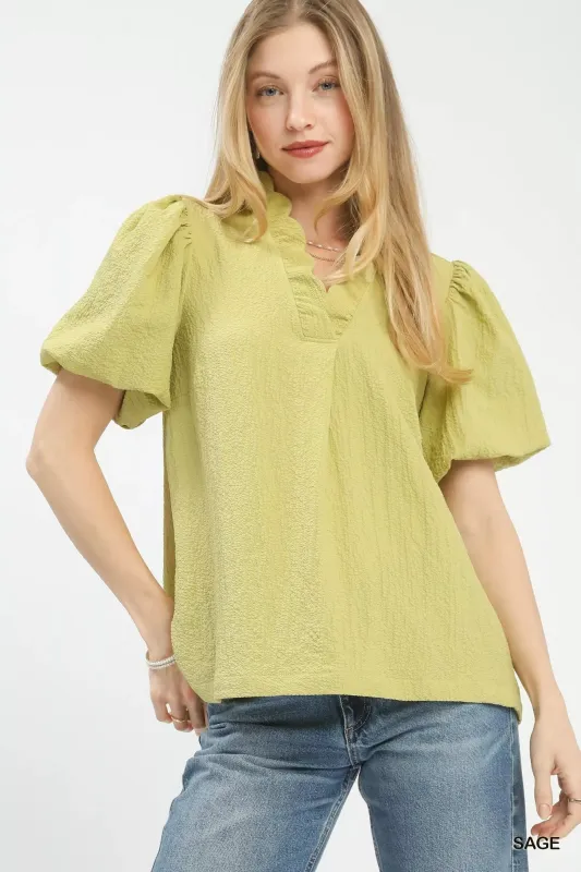 Umgee Seersucker Puff Sleeve Blouse made by Trendsi