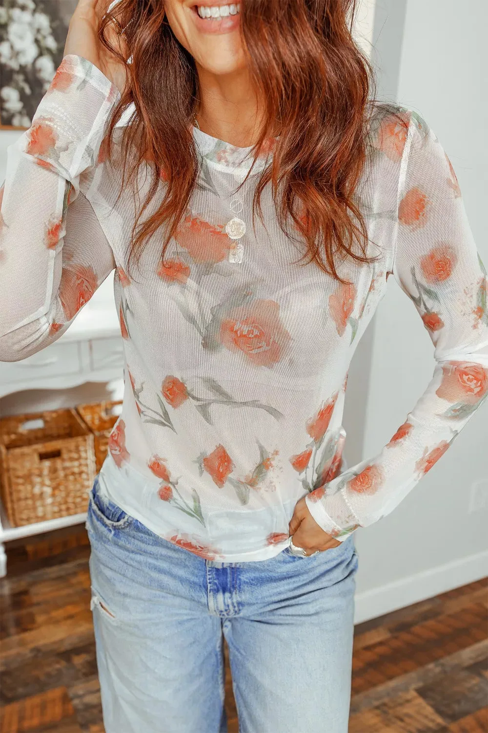Floral Print Sheer Mesh Long Sleeve T-Shirt sold by Charming Charlie product image thumbnail 5