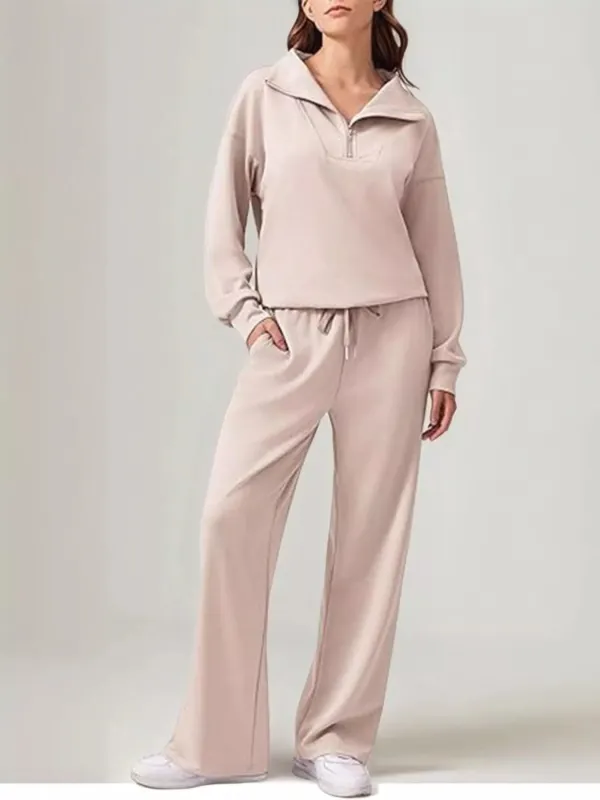 Relaxed Fit Quarter-Zip Top and Pants Set made by Trendsi