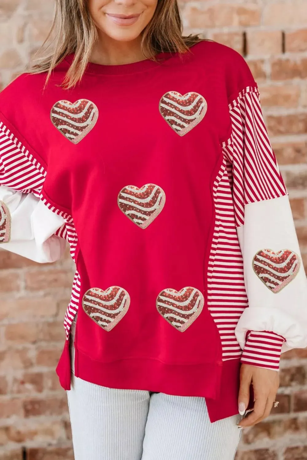 Color Block Striped Patchwork Valentines Day Sequin Heart Graphic Sweatshirt sold by Charming Charlie product image thumbnail 3