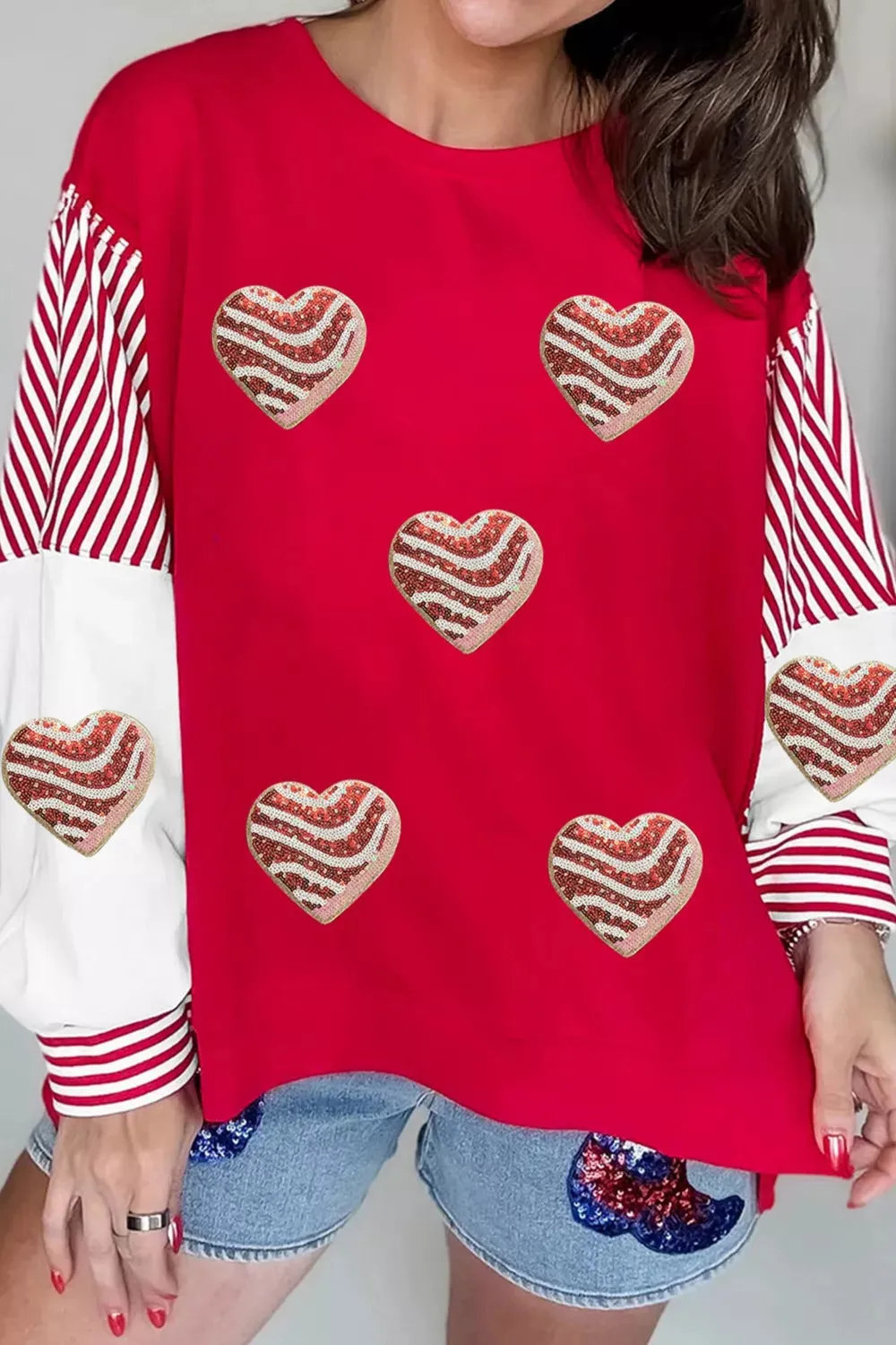 Color Block Striped Patchwork Valentines Day Sequin Heart Graphic Sweatshirt sold by Charming Charlie product image thumbnail 2