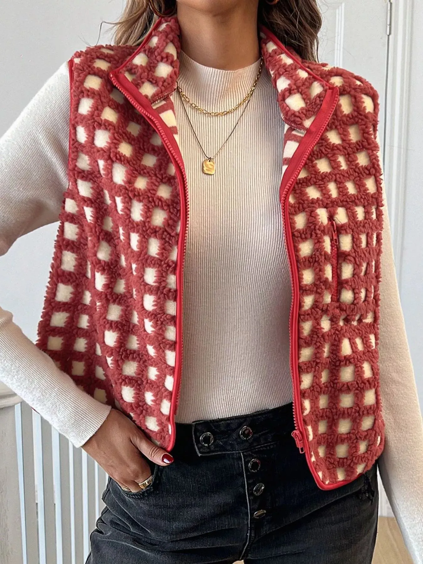 Plaid Zip Up Vest Coat sold by Charming Charlie product image thumbnail 2