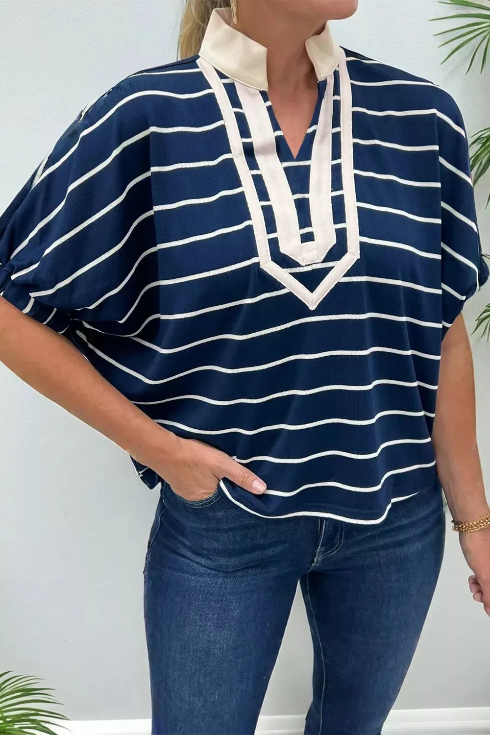 Stripe Stand Collar V Neck Elastic Cuffs Half Sleeve Dolman Top sold by Charming Charlie