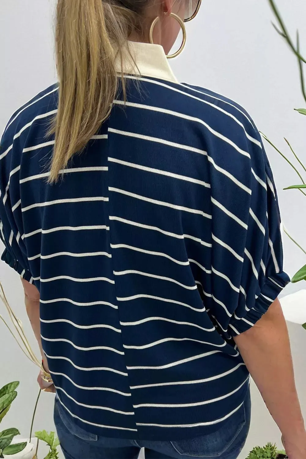 Stripe Stand Collar V Neck Elastic Cuffs Half Sleeve Dolman Top sold by Charming Charlie product image thumbnail 2