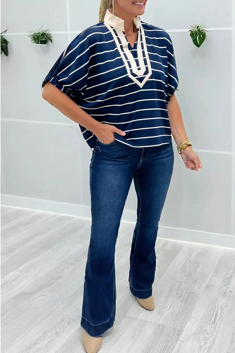 Stripe Stand Collar V Neck Elastic Cuffs Half Sleeve Dolman Top sold by Charming Charlie product image thumbnail 3