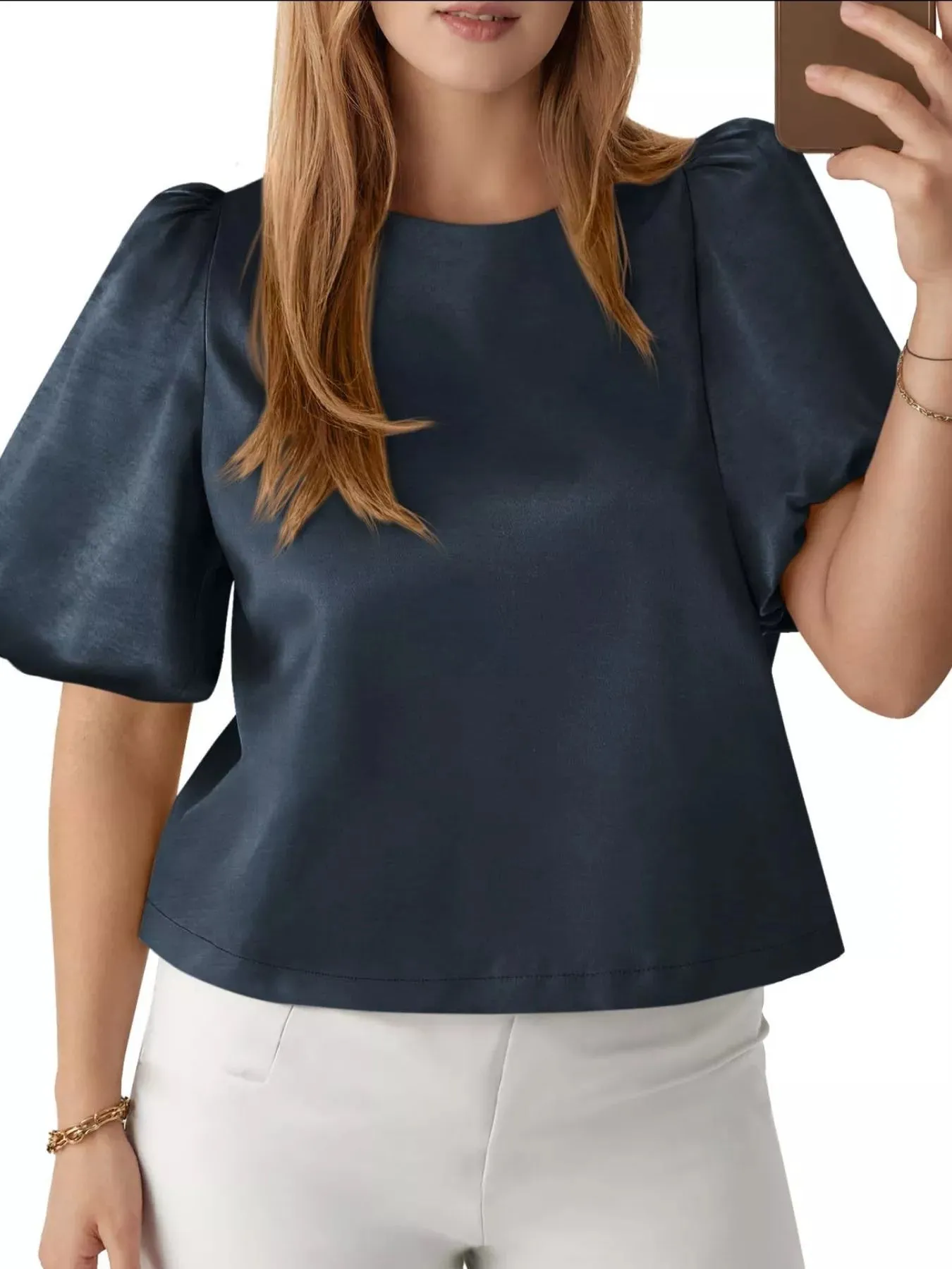 Round Neck Puff Sleeve Satin Top sold by Charming Charlie product image thumbnail 4
