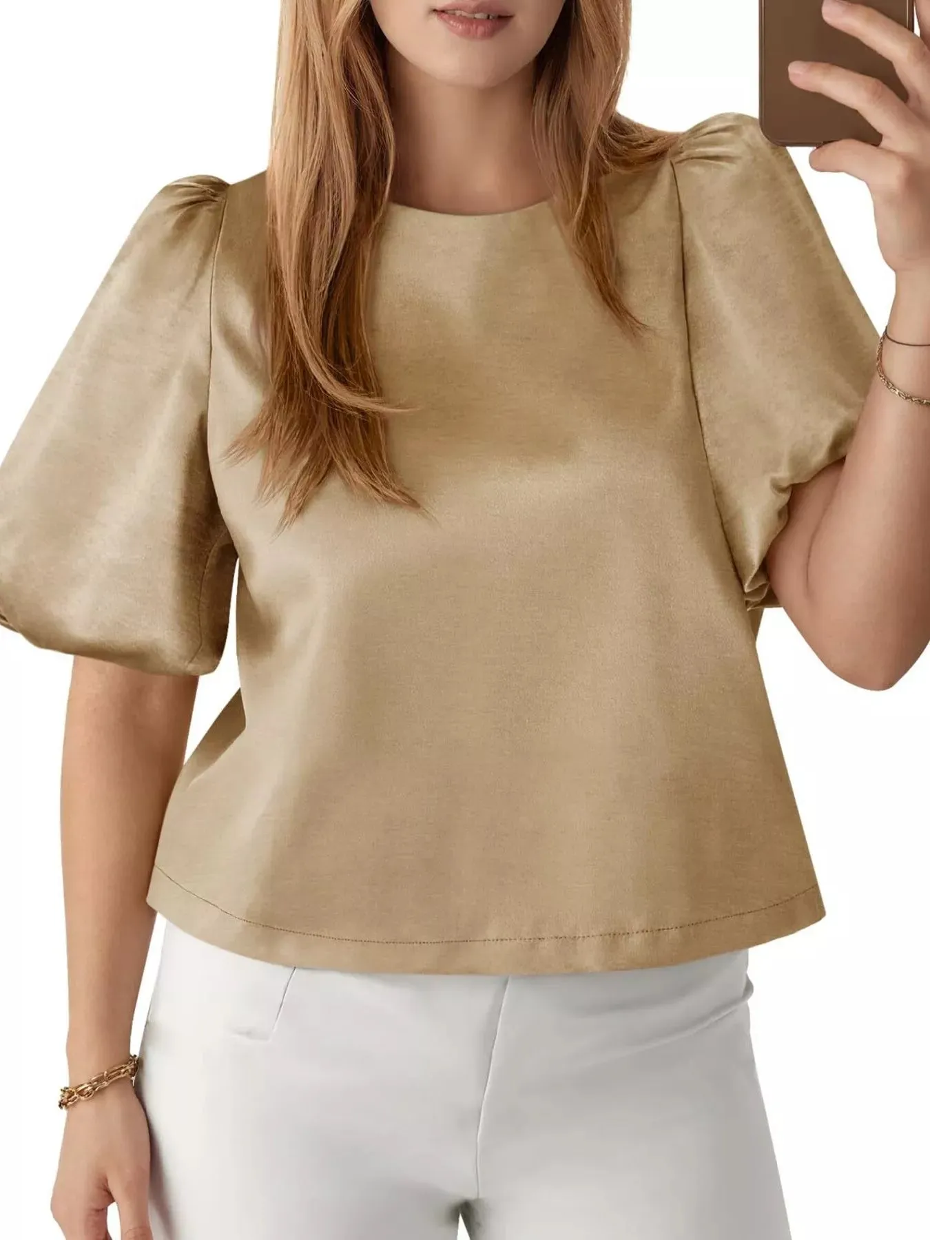 Round Neck Puff Sleeve Satin Top sold by Charming Charlie