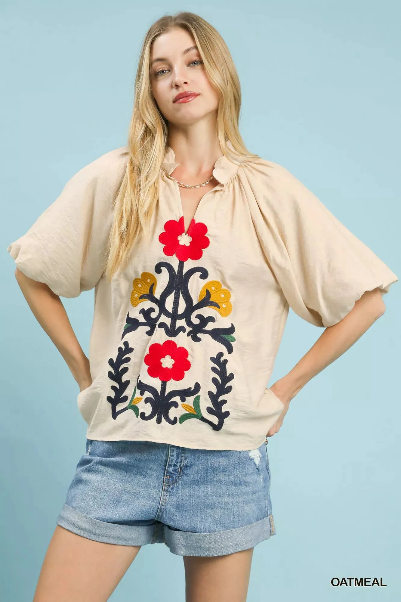 Umgee Embroidered Boho Puff Sleeve Blouse sold by Charming Charlie