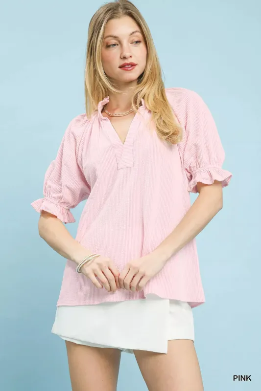 Umgee Textured Ruffle Sleeve V-Neck Top sold by Charming Charlie