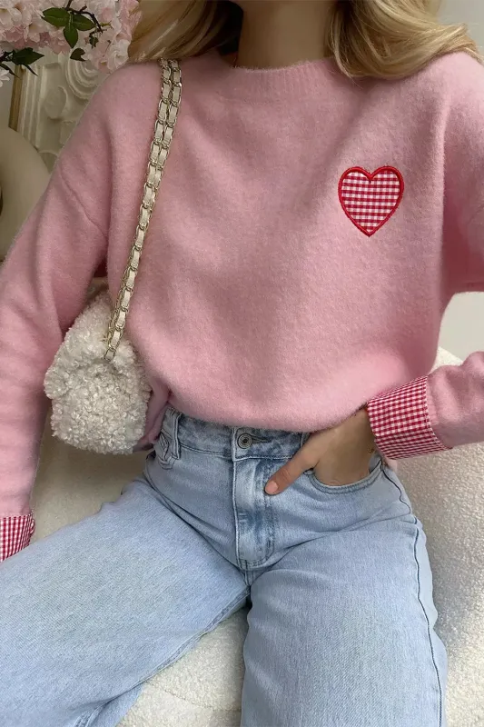 Plaid Heart Embroidered Cuffed Drop Shoulder Crew Neck Sweater sold by Charming Charlie