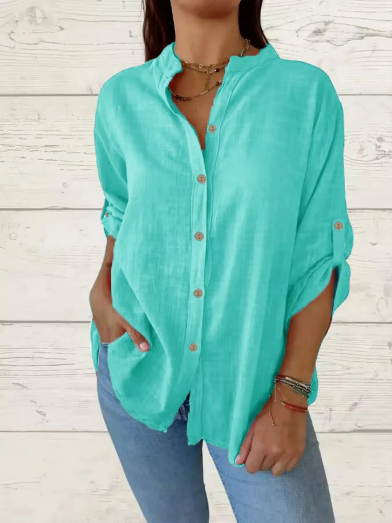Full Size Casual Button-Down Roll-Up Sleeve Shirt Plus Size sold by Charming Charlie product image thumbnail 3