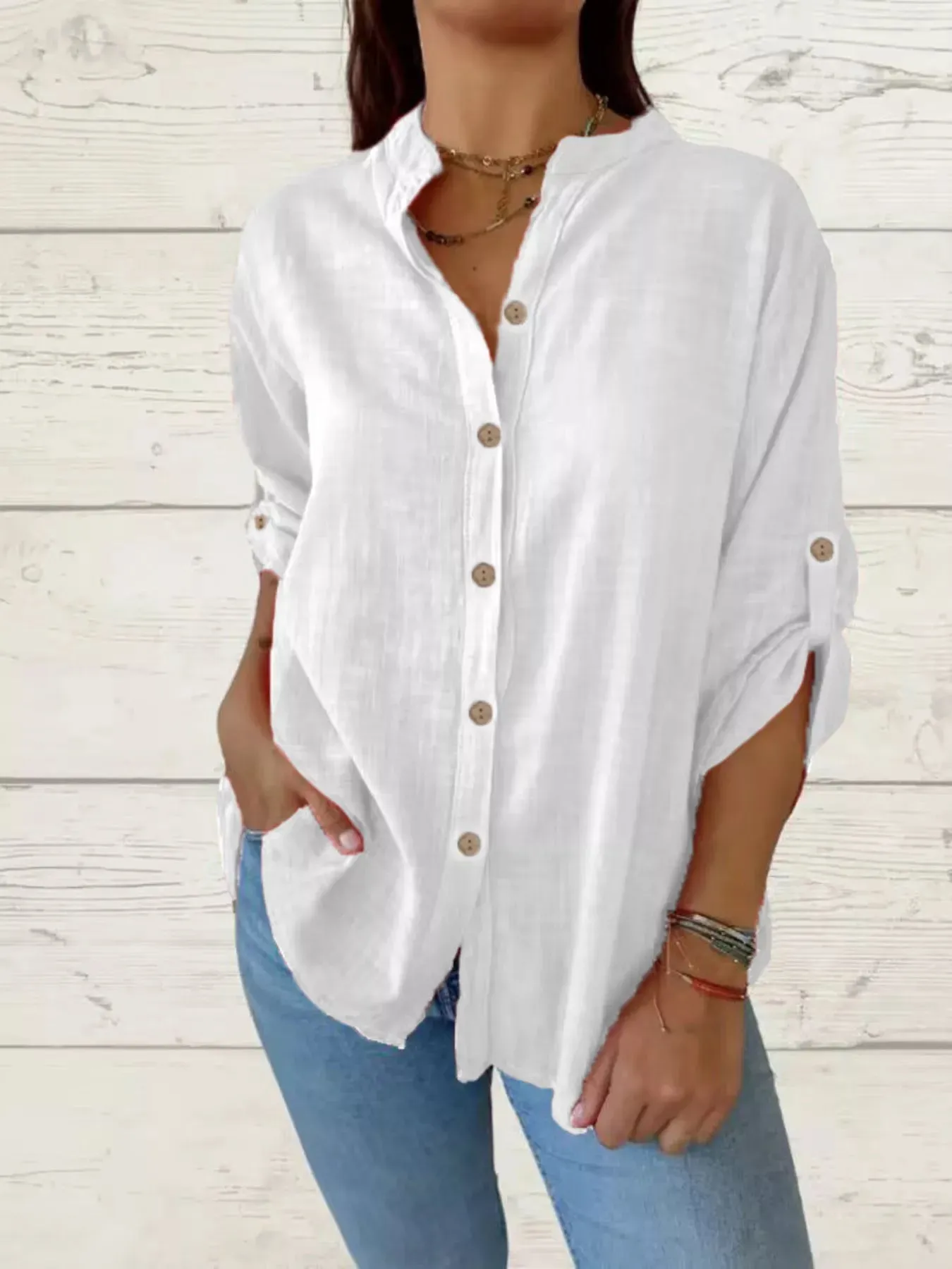 Full Size Casual Button-Down Roll-Up Sleeve Shirt Plus Size sold by Charming Charlie
