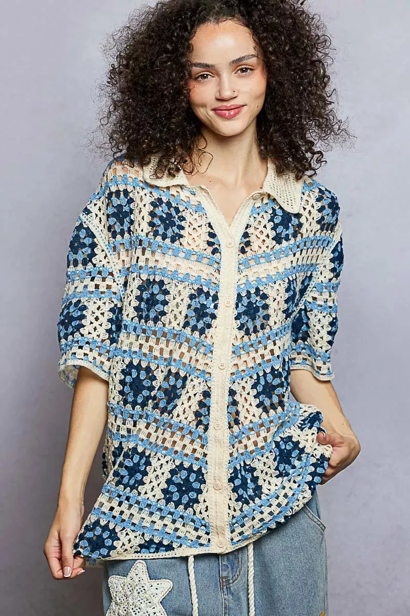 POL Openwork Short Sleeve Crochet Shirt with Border Accents sold by Charming Charlie product image thumbnail 2