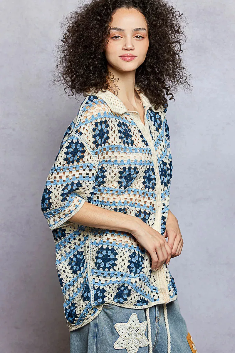 POL Openwork Short Sleeve Crochet Shirt with Border Accents sold by Charming Charlie product image thumbnail 3