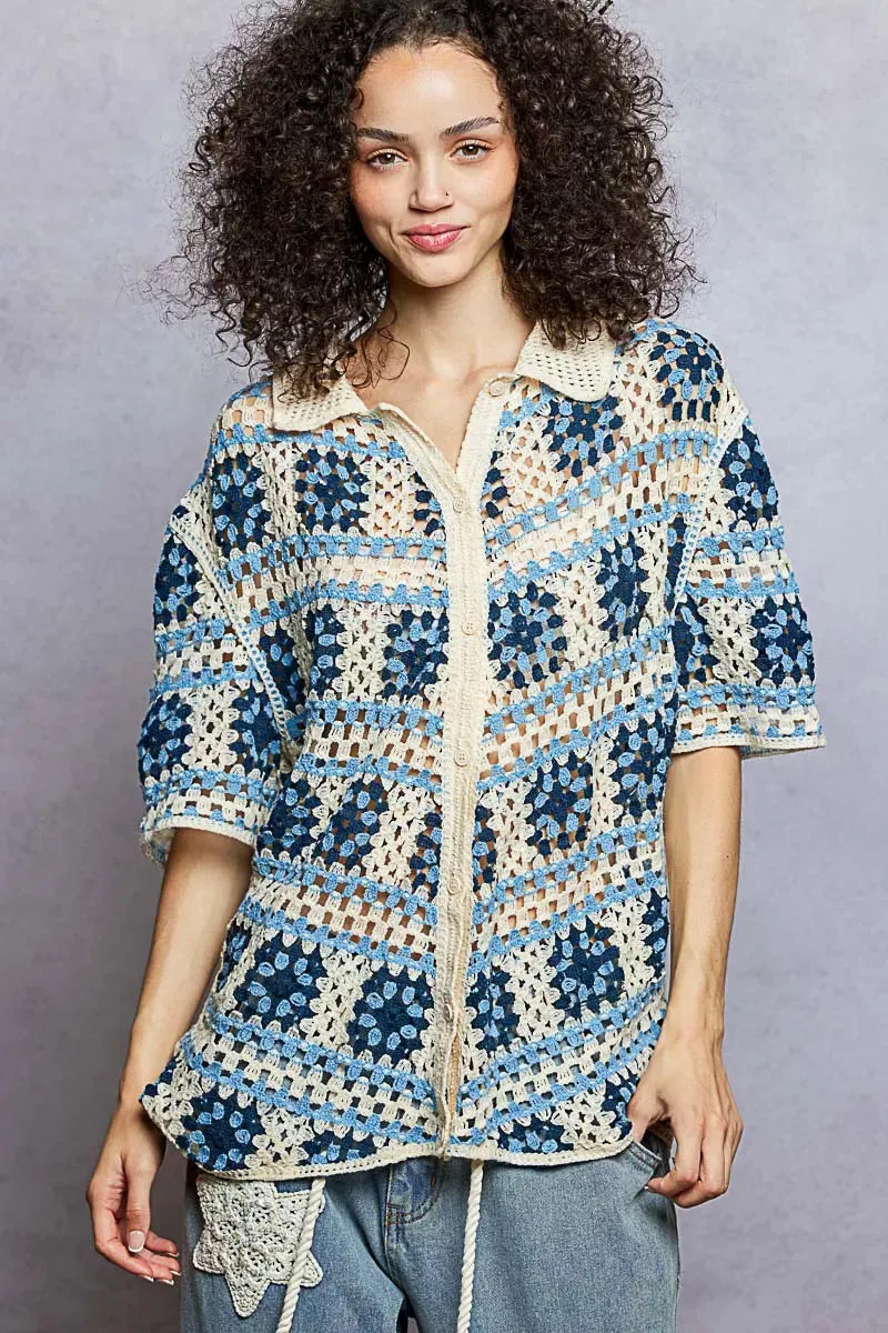 POL Openwork Short Sleeve Crochet Shirt with Border Accents sold by Charming Charlie
