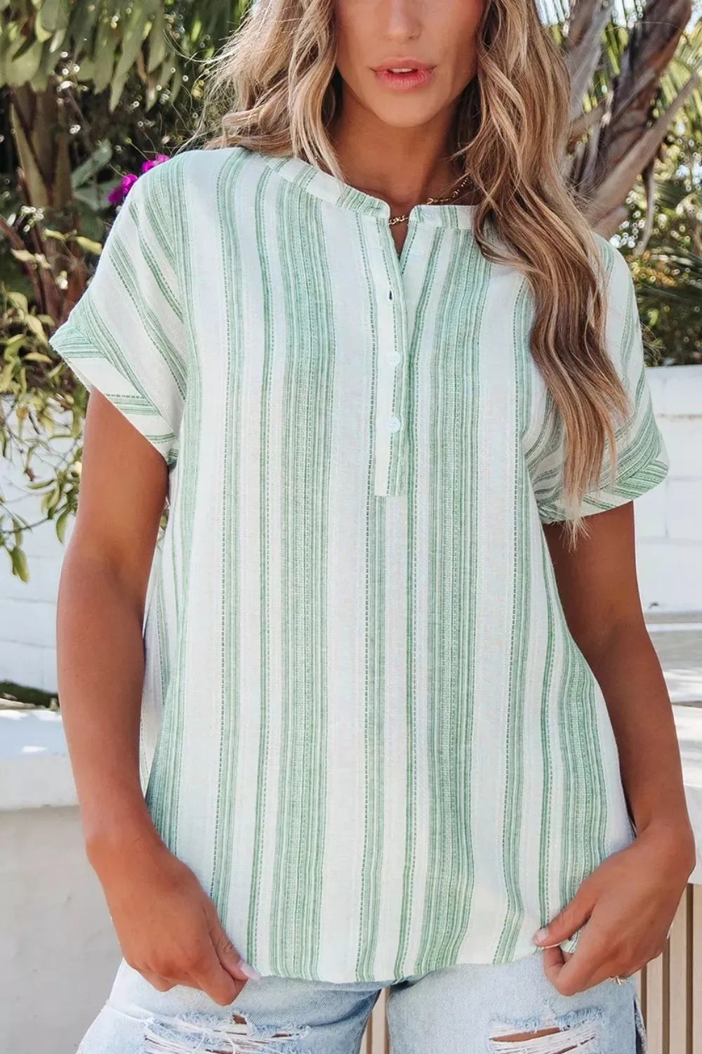 Breathable Gauze Half Button Short Sleeve Casual Blouse sold by Charming Charlie product image thumbnail 3