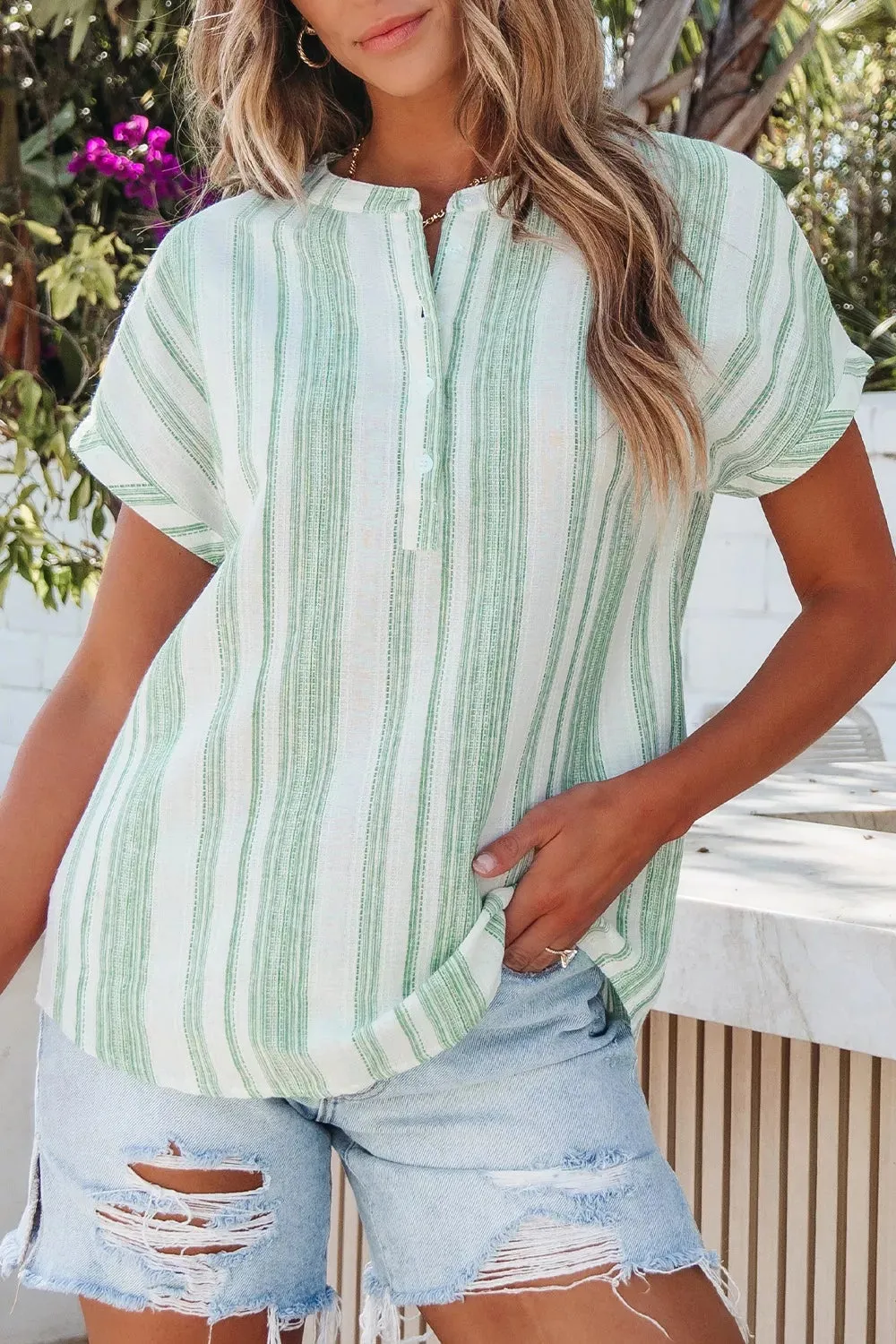 Breathable Gauze Half Button Short Sleeve Casual Blouse sold by Charming Charlie