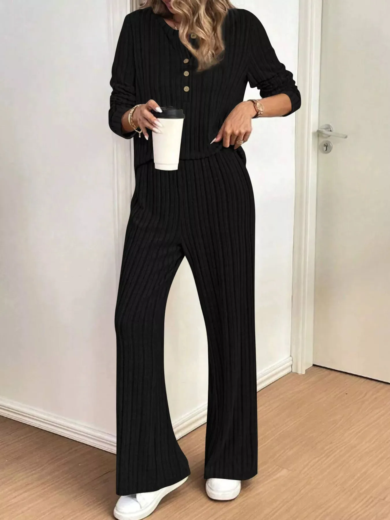 Plus Size Ribbed Knit Button-Front Top and Pants Set sold by Charming Charlie product image thumbnail 2